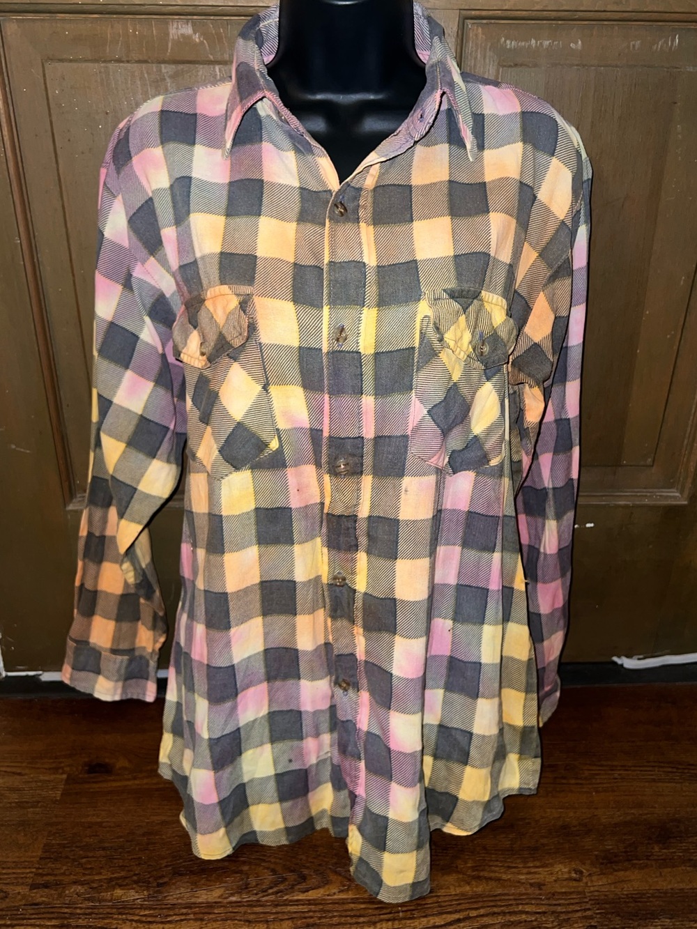 Vintage 90’s Grunge Tie Dye Plaid Button Up Long Sleeve Reworked Shirt Size M - Picture 3 of 9